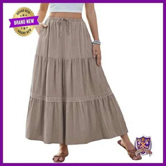 Boho Lace Trim Maxi Skirt with Pockets, Tiered Swing A-Line - Picture 2 of 7